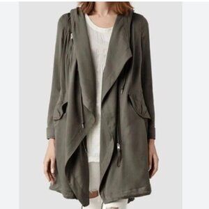 All Saints Portere Parka Jacket Army Green Drape Asymmetrical Hooded Size 4
